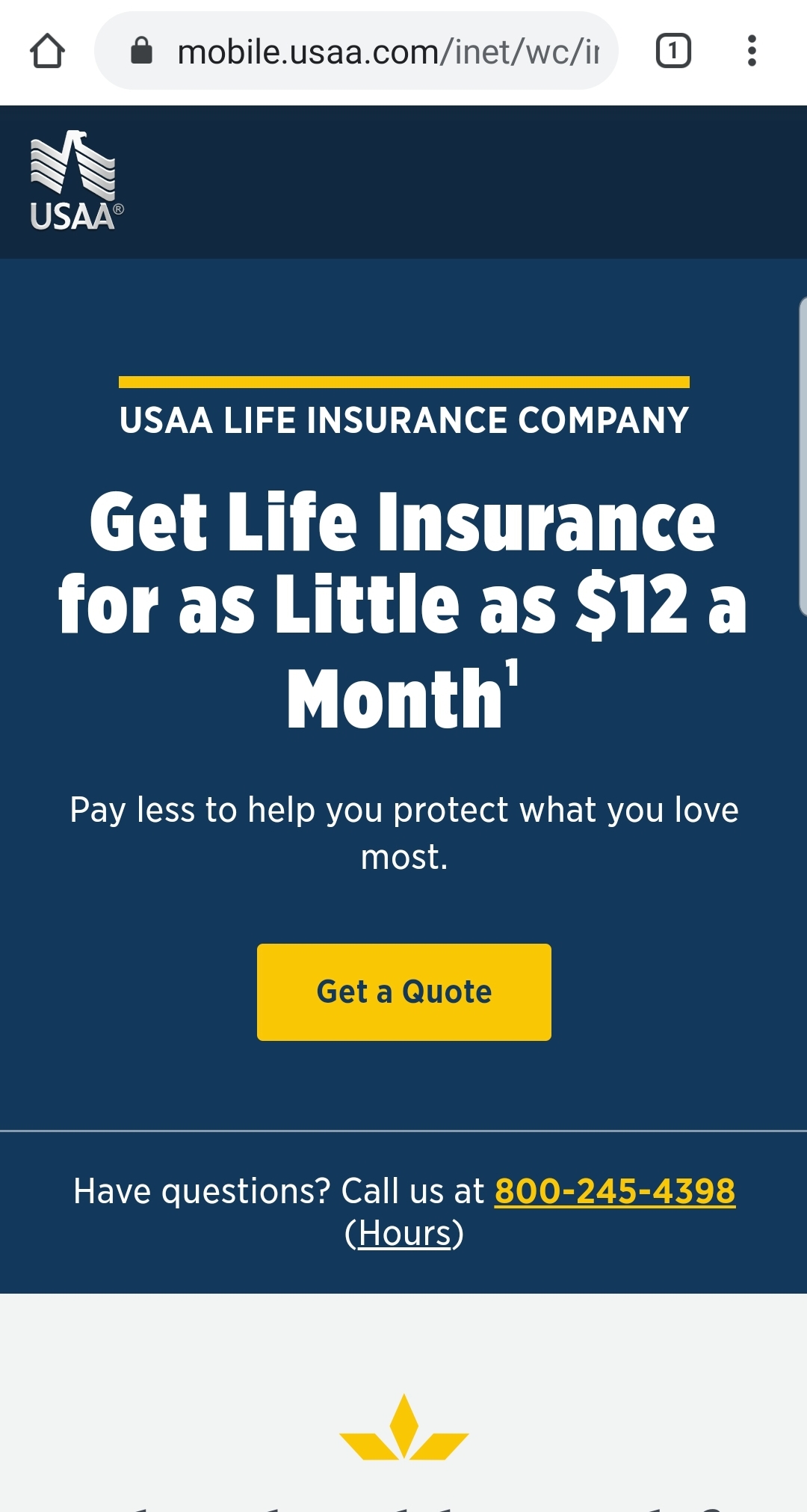 USAA mobile life insurance page.