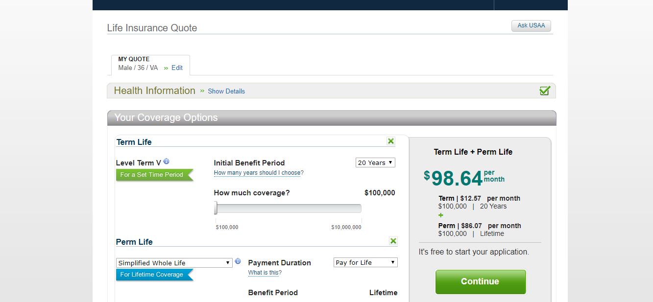 USAA website quote tool your coverage options perm life screen
