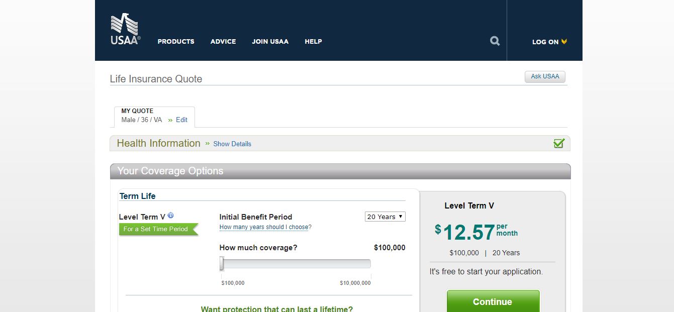 USAA website quote tool your coverage options term life screen