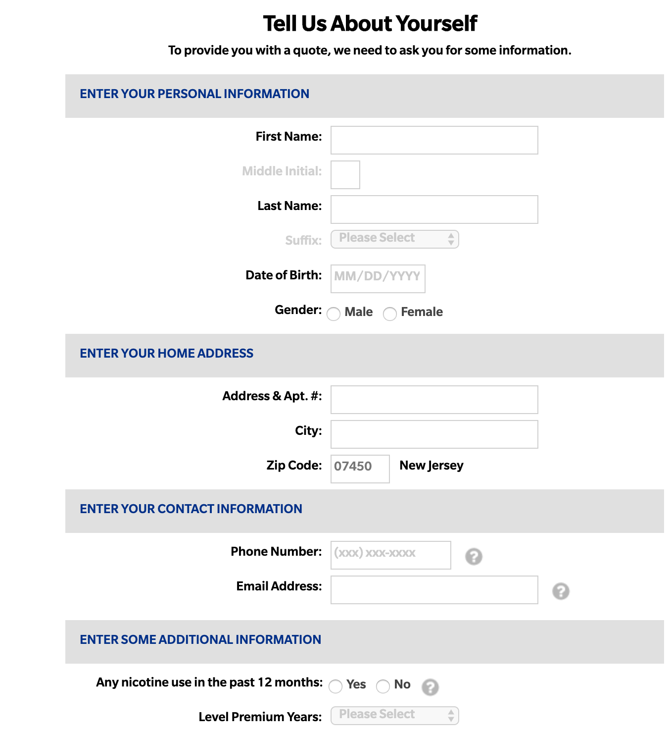 Enter your information web form