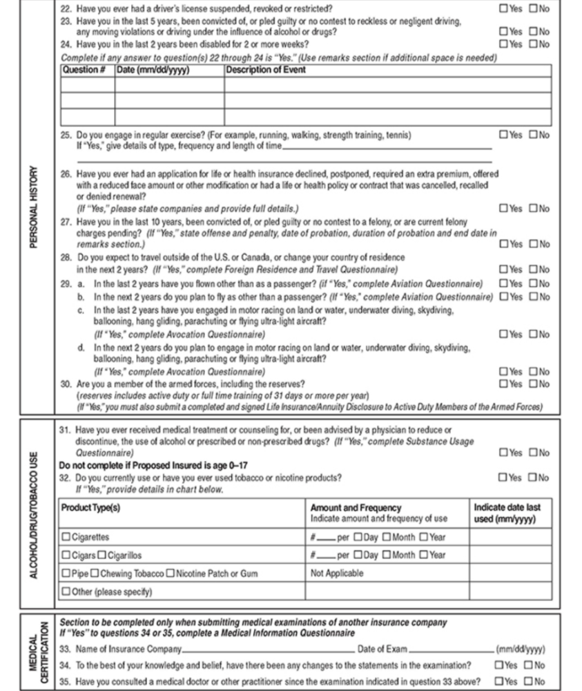 Sample Life Insurance Application Lifestyle & Medical Questions