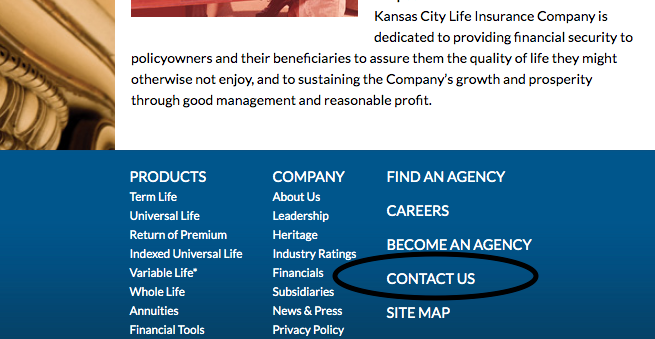 Kansas City Life Contact Us from Homepage