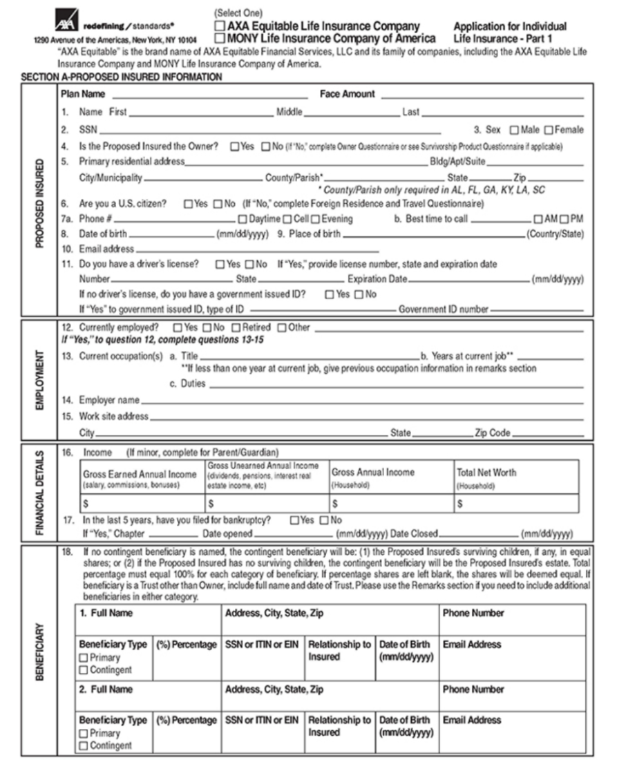 Sample Life Insurance Application