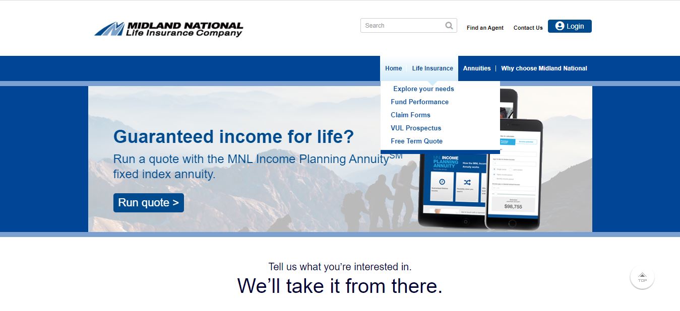Midland National website life insurance drop down menu.