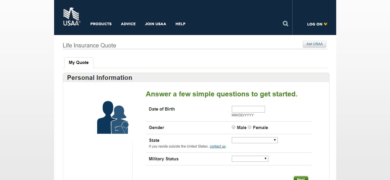 USAA website quote tool personal information screen.