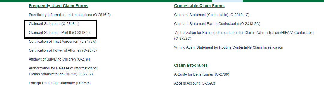 Links to North American Company Claim Forms