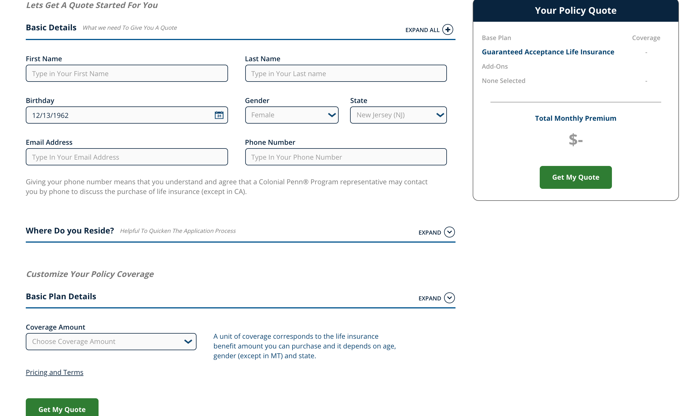 Colonial Penn quote form filling out