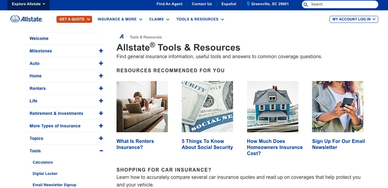 Allstate website tools and resources