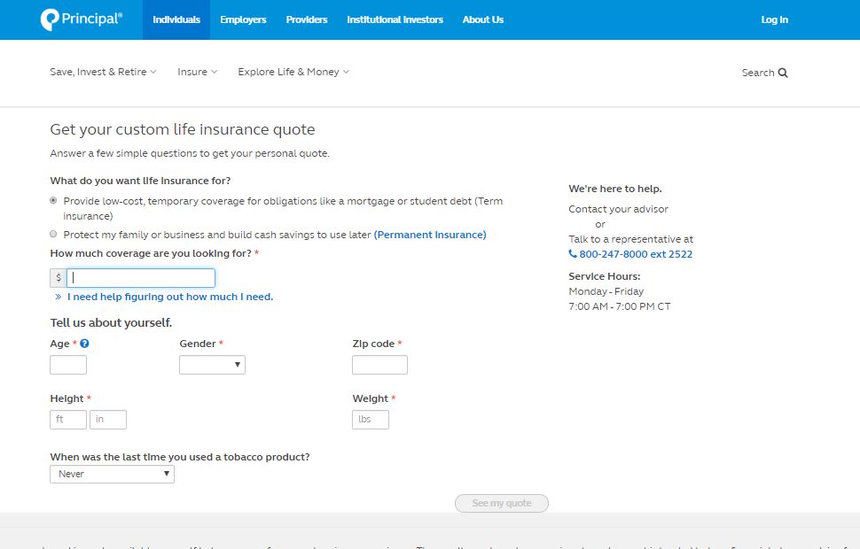 Principal online quote step 2.