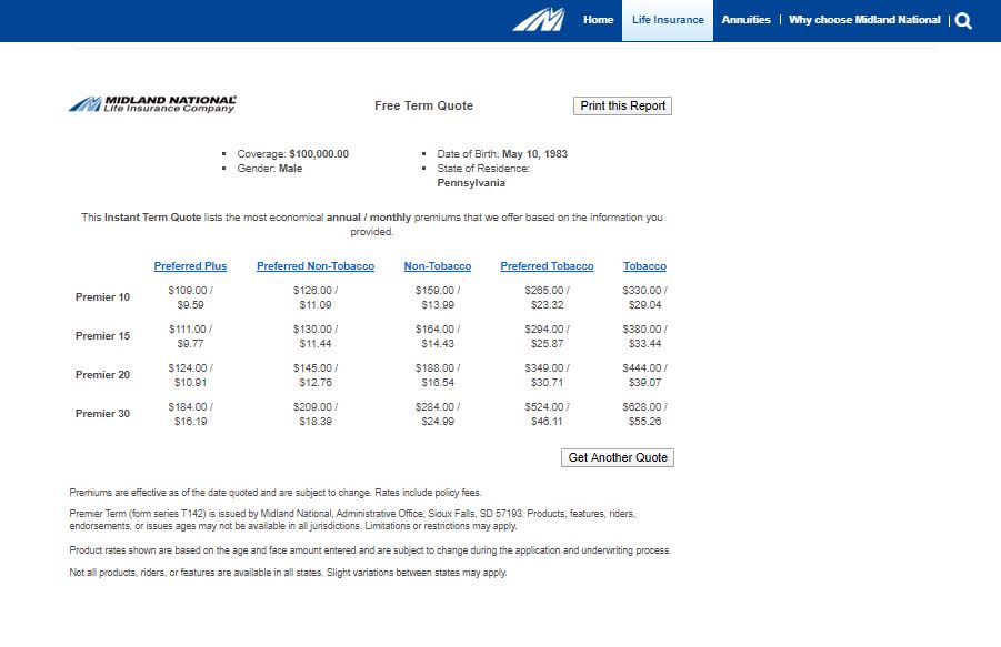 Midland National website quote results.