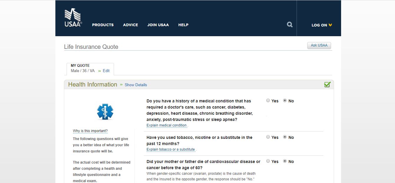 USAA website quote tool health information screen.