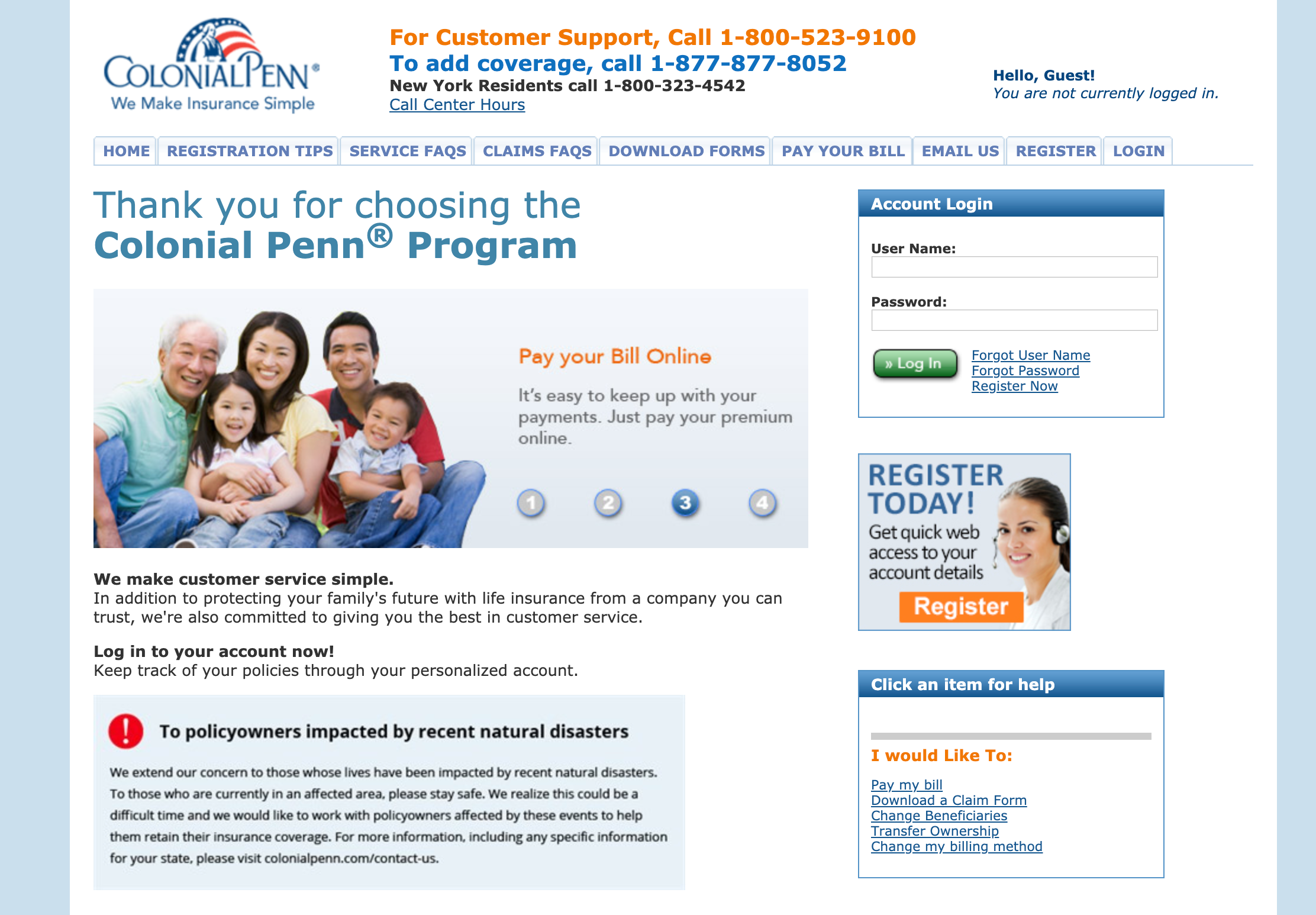 Colonial Penn Customer login page