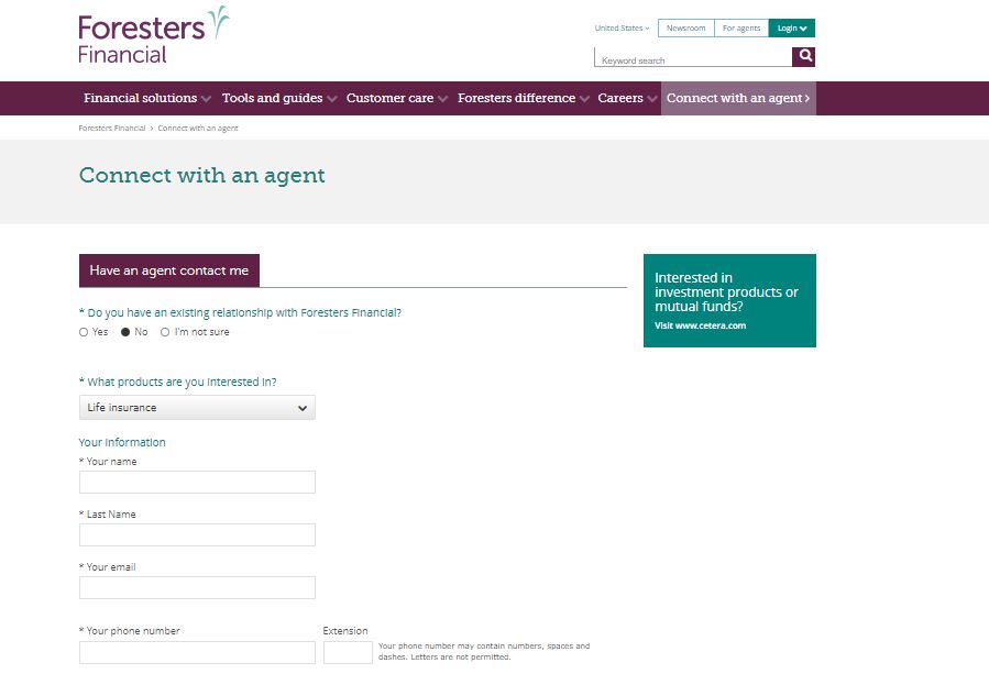 Foresters Financial website agent finder tool.