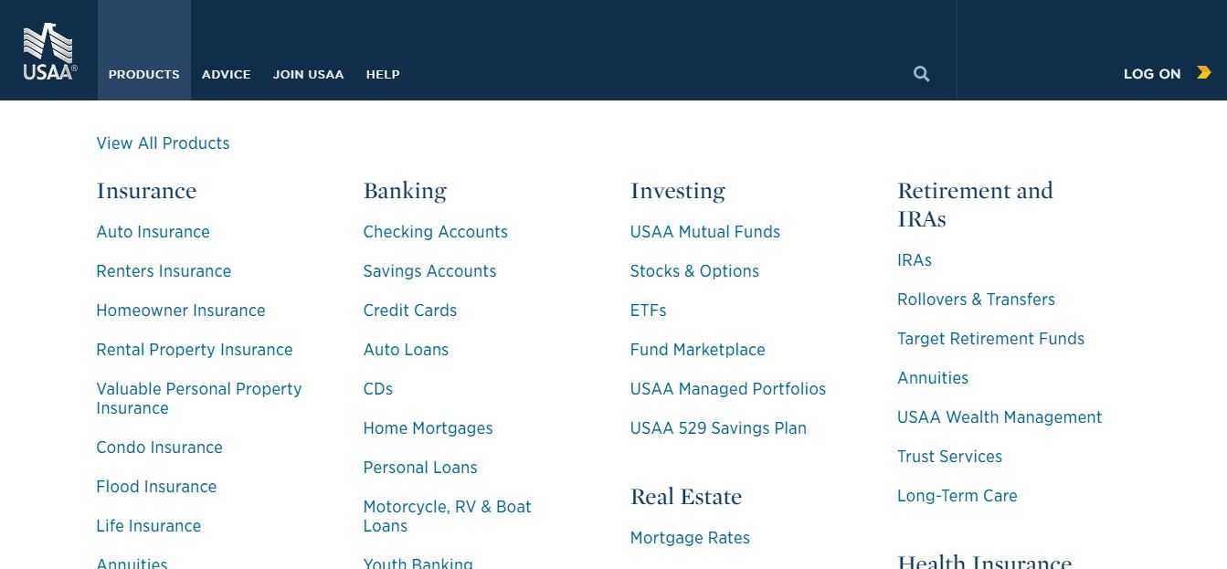 USAA website Products dropdown menu